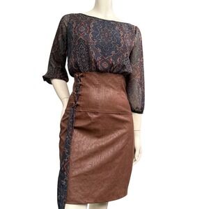 Xplosion Mixed Media Paisley Faux Leather Corset Lace Up Boho Dress Brown S/M